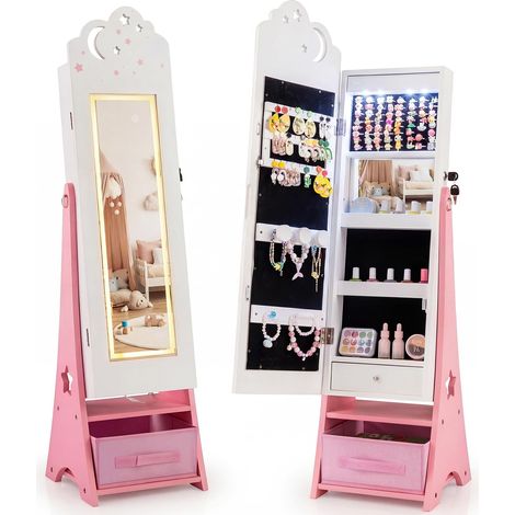 Armoire à bijoux pour enfants - Armoire miroir avec éclairage LED et miroir complet - Verrouillable - Organiseur de bijoux inclinable avec miroir intérieur et tiroirs - Pour chambre d'enfant (1/5)