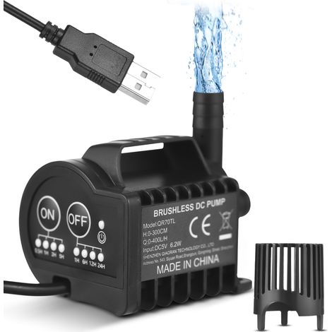 Mini-5V-Wasserpumpe mit 4-stufiger Ein-/Ausschaltzeit, Beschleunigungs- und Verzögerungsfunktion, max. 400 l/h Fördermenge, 3 m Förderhöhe, 2 m USB-Ladekabel und Saugnapfbasis