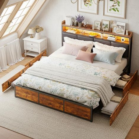 Lit avec tiroirs 180x200cm - avec 4 tiroirs, tête de lit avec éclairage LED, sommier en métal, lit adulte style industriel, simili cuir - Noir (1/5)