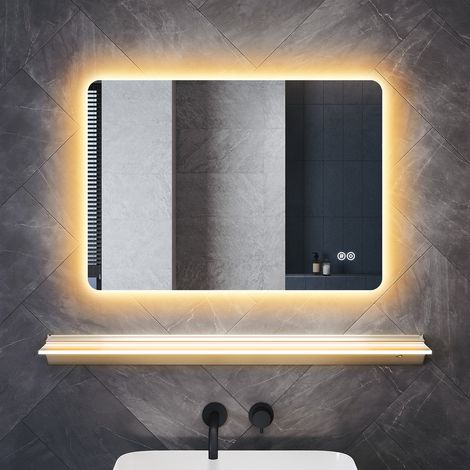 SONNI Anti-Beschlag Badezimmerspiegel mit Beleuchteter Ablage, Badezimmerspiegel Set mit Touch-Steuerung 3 Lichtfarben und Memory-Funktion, 70x50cm