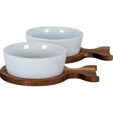 Acacia Fishtail Serving Trays (Set of 2) with Bowls - Ceramic - L9 x W13 x H4 cm - Brown