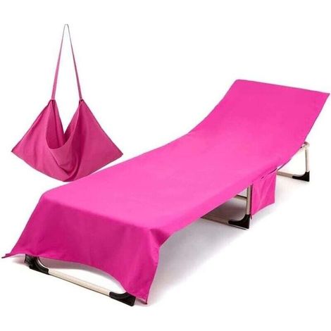 Housse de Chaise de Plage Longue en Microfibre, Serviette de Plage avec Poches de Rangement, Housse de Transat Pliable et Légère pour Bain de Soleil, Jardin (Rose) (1/4)