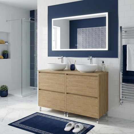 Meuble double vasque à poser L. 120 cm sur pied 4 tiroirs Chêne naturel LISBONA - sans colonne (1/5)