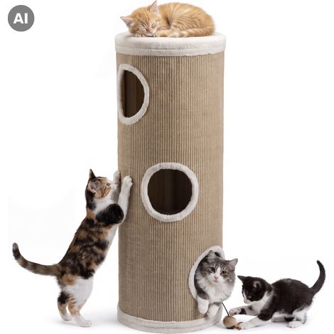 Fudajo Barril rascador Forest para gatos, color camel - crema, altura 106 cm, diámetro 40 cm, incluye cojín, tonel poste árbol para gatos con 3 entradas (1/5)