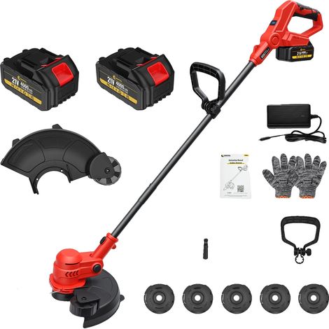 Cortacésped inalámbrico, motor de 2000 W, cabezal ajustable, rojo, 2 baterías. (1/2)