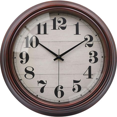 Horloge Murale Silencieuse 30cm Bois, Pendule Rétro Cuisine Salon Verre trempé HD anti-reflet, grands chiffres et cadre ABS. Mouvement sans tic tac idéal pour chambre, salon et bureau. (1/5)