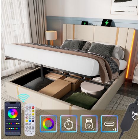 Letto matrimoniale 160x200 cm beige in lino con materasso, LED RGB, USB-C e vano contenitore (1/5)