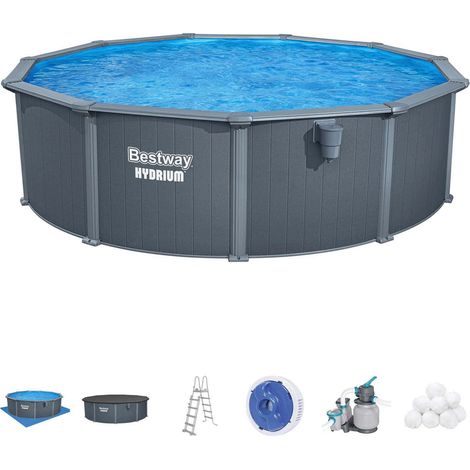 Piscina Desmontable Redonda de Acero Bestway Hydrium Ø488 x 132 cm con Depuradora de Arena 6.056 l/h, Lona de Fondo, Cobertor y Escalera (1/5)