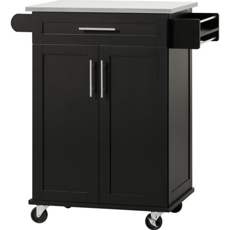 Mobile Kitchen Dessert Trolley, Service Cart with Stainless Steel Tray, 1 Drawer, 1 Door, Adjustable Shelves, Spice Rack, Towel Holder, Mobile Storage Unit 60 x 43 x 90 cm, Black SoBuy FKW110-SCH