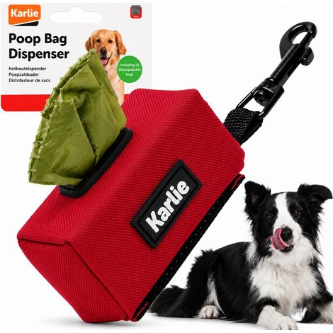 Estuche para bolsas de excrementos de perro Karlie + 15 bolsas orgánicas con gancho de mosquetón rojo (1/5)