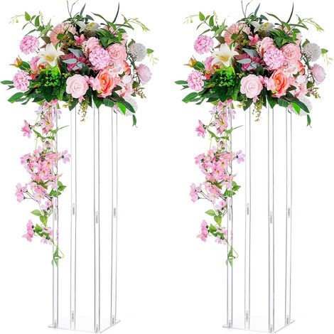 Centres Table Mariage Vase: 2 Pièces 80cm Haut Fleurs Acryliques Vase Sol Colonne Arrangement Fleurs Support Présentoir Rectangulaire Géométrique pour la Décoration Fête Mariage (1/5)