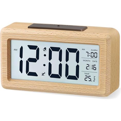 Reloj despertador digital de madera - Reloj de escritorio con pantalla grande - Visualización de fecha y temperatura - Brilla en la oscuridad y función de repetición de alarma - Marrón - 1 pieza (1/4)