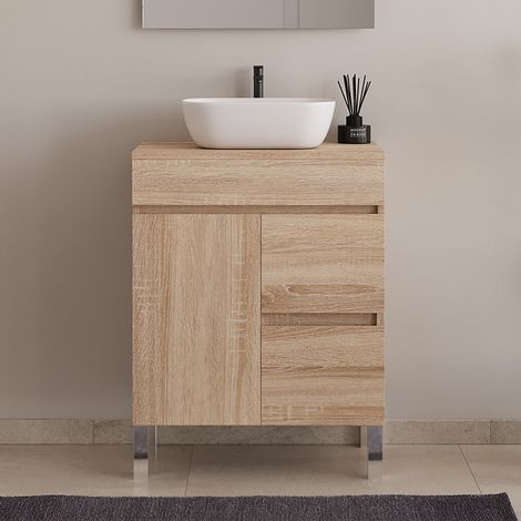 Meuble de salle de bain 60cm sur pieds avec plateau et une cuve à poser arrondie - sans miroir - porte et tiroirs - cambrian (chêne clair) - HARO