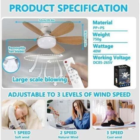 Ventilateur de plafond avec lumière LED dimmable – Télécommande – 6 pales – 3 vitesses – 40W E27 – Température de couleur 3000K à 6000K