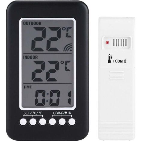 LCD Numérique Intérieur Extérieur Thermomètre Horloge Température Mètre Transmetteur Sans Fil (1/4)