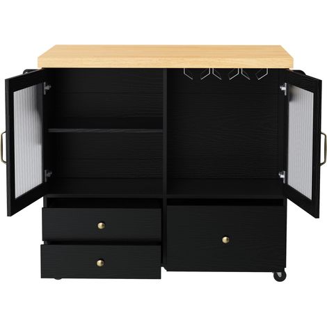 Îlot de cuisine mobile avec table extensible, desserte noire et bois naturel sur roulettes avec placard, tiroirs et porte-verres (1/5)