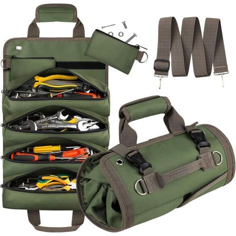 Werkzeugtasche zum Aufrollen, robuste Werkzeugaufbewahrungstasche für Damen und Herren, tragbarer Werkzeugkoffer mit 2 herausnehmbaren Reißverschlusstaschen, kleine Elektrikertasche (1/5)