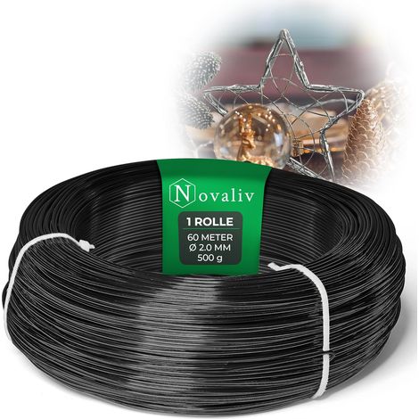 Fil d'aluminium noir Novaliv de 60 mètres, 2 mm, idéal pour les loisirs créatifs, polyvalent pour les projets de bricolage et de décoration, rouleau