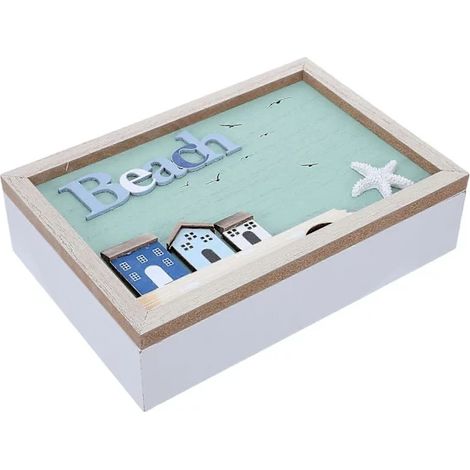 Boîte de rangement en bois avec couvercle, plateau de rangement à 6 compartiments pour sachets de thé, bijoux et en-cas, décoration nautique pour la maison ou le bureau, multicolore, 24 x 16,5 x 6,5 c (1/5)