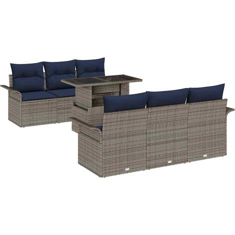 Gartensofa-set mit Kissen mit Speicher 7 pcs Grau Poly Rattan vidaXL