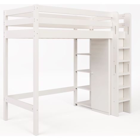 Cama alta infantil 90 x 200 cm con armario y 6 estantes, blanco, MODENUIT (1/5)