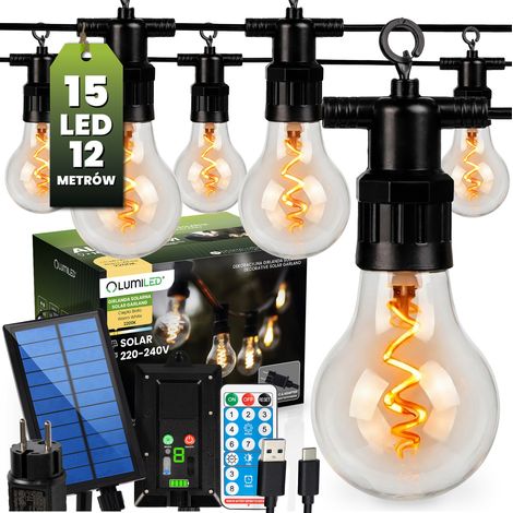 Ghirlanda solare da giardino con 15 lampadine LED decorative, 11,58 m, 2200K luce calda + telecomando alavas lumiled (1/4)