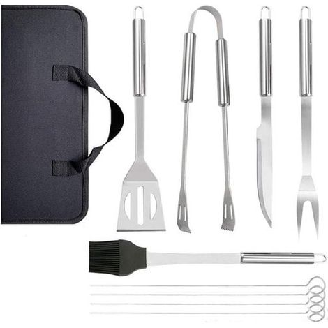 Accessoires de grillades pour camping, cuisine et extérieur - Avec sac de transport - Cadeau idéal - Set de barbecue en acier inoxydable 9 pièces (1/5)
