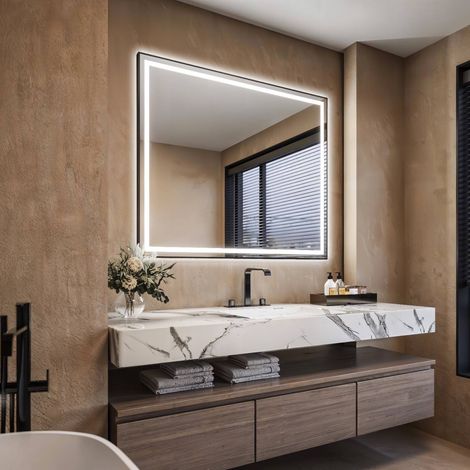 Espejo de baño 120x80 cm esquinas rectas con luz bi led y marco negro