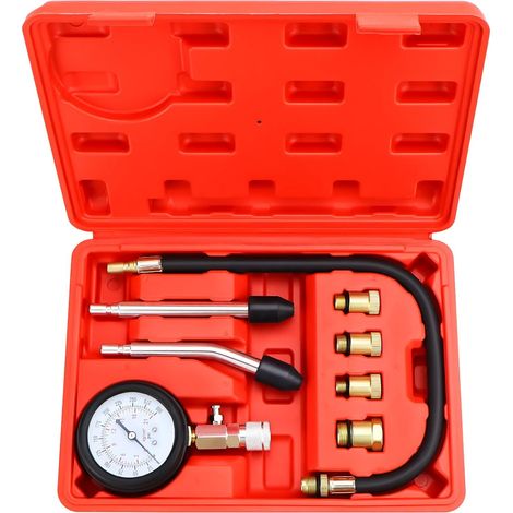 Compressiometre Essence, Testeur de Compression Moteur Essence, Gasoline Compression Tester avec 4 Adaptateurs M10 M12 M14 M18 pour Voiture Moto, 0-20 Bar & 0-300 Psi (Rouge) (1/5)