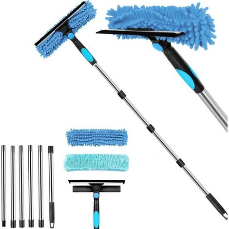2 en 1 Professionnel Raclette Vitre, Kit Nettoyage Vitre avec 2 Chiffons Microfibres et Manche Telescopique Lave-vitres (1/5)
