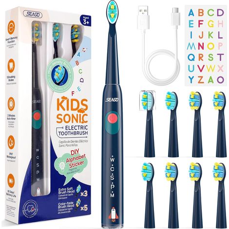brosse à dents électrique rechargeable pour enfants, brosse à dents électrique enfant avec autocollants DIY drôles, minuterie de 2 minutes, 8 têtes de brosse SG2303(bleu marine) (1/5)