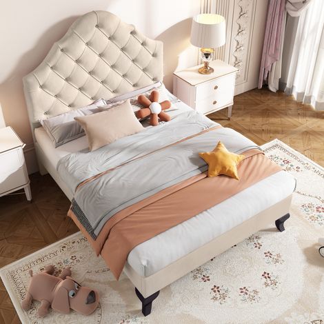 Cama tapizada 90/200 cm beige de terciopelo con cabecero regulable y somier de láminas (1/5)