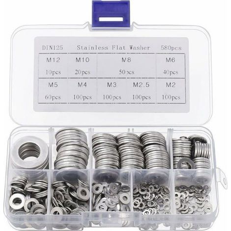 580 rondelles inox 9 tailles M2-M12, boîte rangement (1/5)