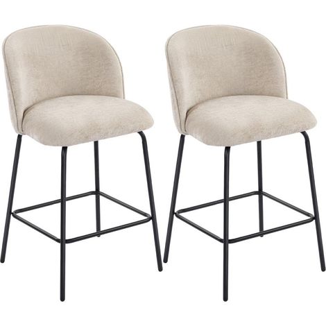 Ensemble de 2 tabourets de bar avec dossier et repose-pieds, chaises rembourrées avec pieds en acier pour îlot de cuisine, salle à manger, beige