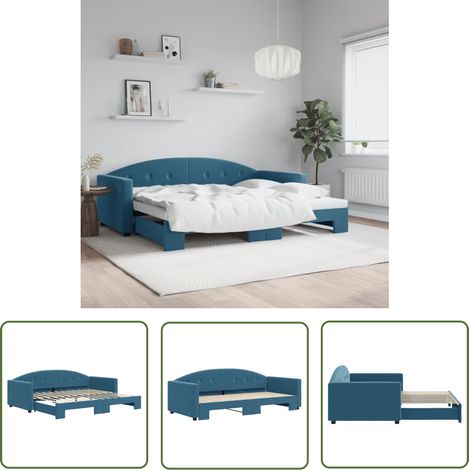 The Living Store Lit de jour avec gigogne sans matelas bleu 90x200 cm - Canapé Convertible - Lit Deux Places - Lit Tiroir - Meuble Multifonction - Literie (1/5)