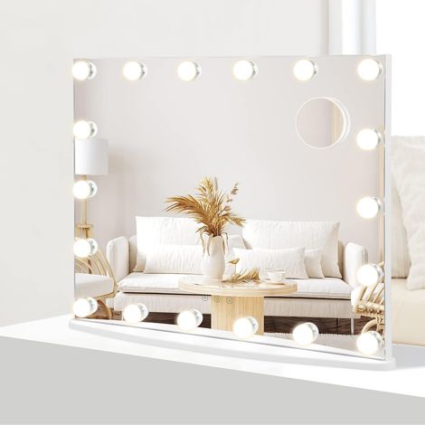 COSTWAY Specchio Trucco con 18 Luci, Specchio Rettangolare per Bagno con Interruttore a Sfioramento, Luce LED a 3 Colori, Luminosità Regolabile, 65 x 52,5 cm (1/5)
