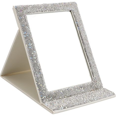 Miroir cosmétique pliable blanc haute définition, innovant, orné de strass, portable, pour bureau de dortoir (1/5)