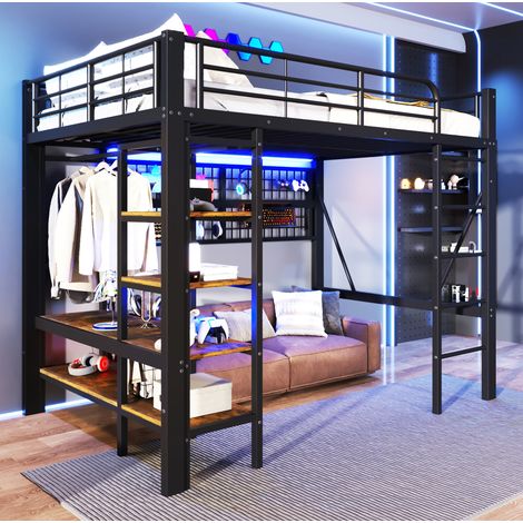 MODFU – Cama alta para adultos 140x200 cm de metal y MDF con LED por app, compartimento, tendedero, carga 150 kg y 2 paquetes – Negro (1/5)