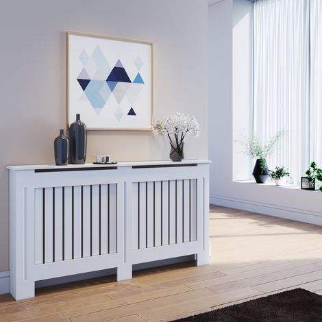 ELEGANT Radiator Covers Large Modern Vertical Slat White Painted Cabinet Radiator Shelve for Living Room/Bedroom/Kitchen, LARGE