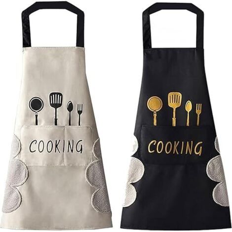 Tabliers pour femmes avec poches, tablier noir à grande poche, essuyage à la main, imperméable pour la cuisine, la cuisson, le barbecue (noir + blanc) (1/5)
