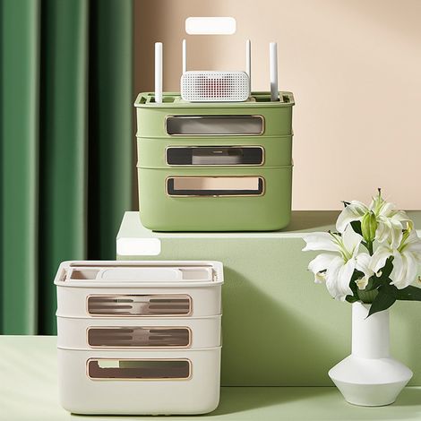 Boîte de rangement pour routeur, design détachable multi-orifices, en plastique anti-chute, gestion des câbles, blanche, 3 couches (1/3)