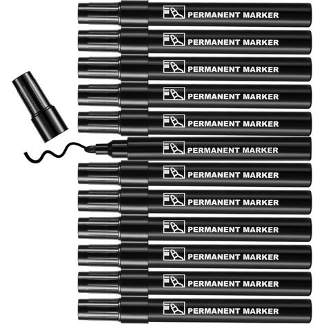 Marqueur Noir Indélébile Lot de 12, Feutre Indelebile à Pointe Conique 2-3 mm Moyenne Marqueurs Permanents pour Plastique, Carton, Pierre, Bois, Métal et Verre (1/5)