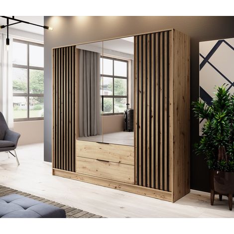 Azura Home Design – Armoire 4 portes MELODIE 206 cm chêne – Structure en panneaux laminés 16 mm – Poignées en aluminium noir – Style contemporain (1/4)