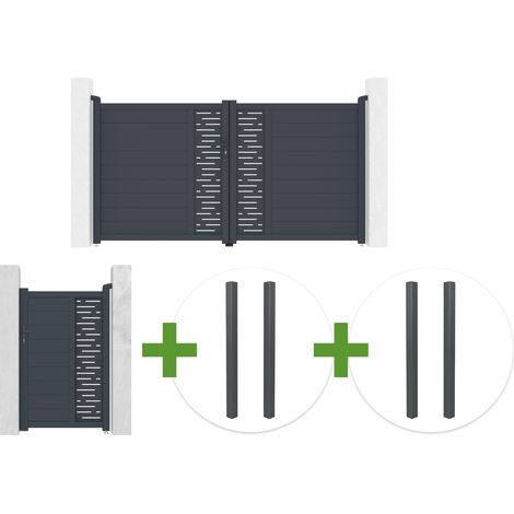 Portail battant 3m ARLBERG H.160cm gris + Portillon 1m ARLBERG H.160cm gris + 4 poteaux ELDA (1/5)