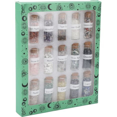Lot de 15 pierres roulées naturelles en flacon verre, minéraux de soin pour chakras, méditation et relaxation spirituelle (1/5)