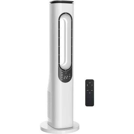 Ventilateur colonne sans rotor pour chambres, silencieux (35 dB), oscillation à 50°, éclairage LED, 3 vitesses, minuterie 15 heures, blanc