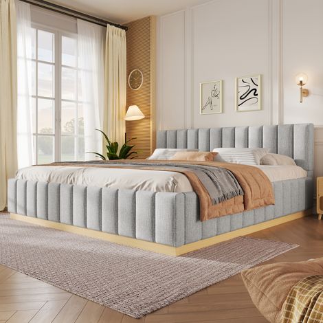 Lit rembourré 180x200 cm, tête de lit matelassée, revêtement chenille, sommier à lattes, design arrondi, gris (1/5)