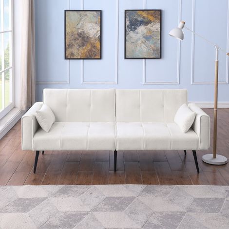 Canapé convertible 3 places en tissu avec structure en bois et pieds métal, beige