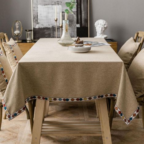 Nappe Rectangulaire Coton Lin Vintage Boho 130x240cm Couleur Café avec Pompons
