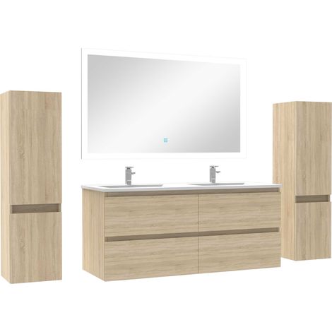 Ensemble meubles Salle de Bain 120cm vasque + colonnex2 + LED miroir Chêne Wotan